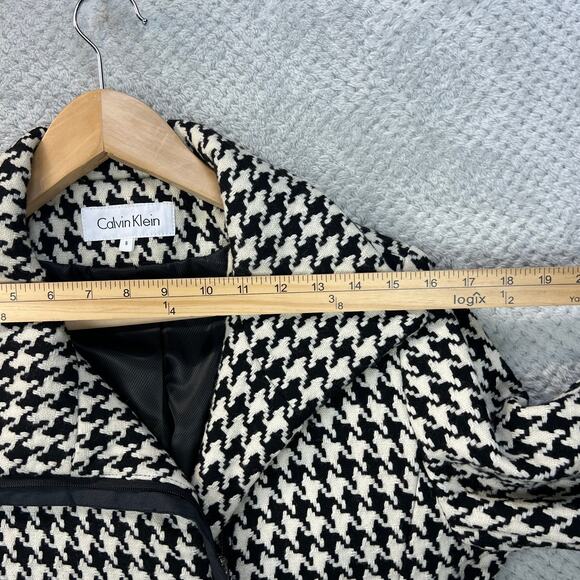 Calvin Klein Womens Houndstooth Coat Wool Blend Black Ivory Zipped Jacket Sz 8 - Picture 12 of 16